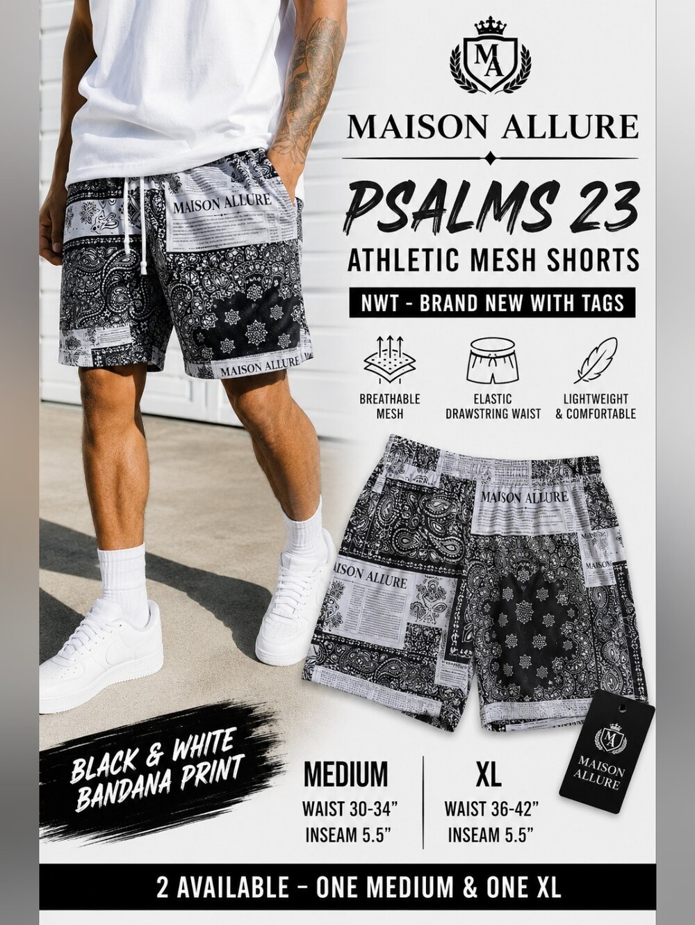 Maison Allure Psalms 23 Bandana Mesh Shorts Black White NWT
